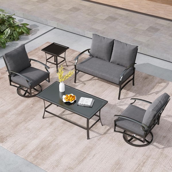 5-Piece Black Metal Frame Outdoor Patio Loveseat Set with Swivel Chairs, Gray Cushions and Coffee Tables