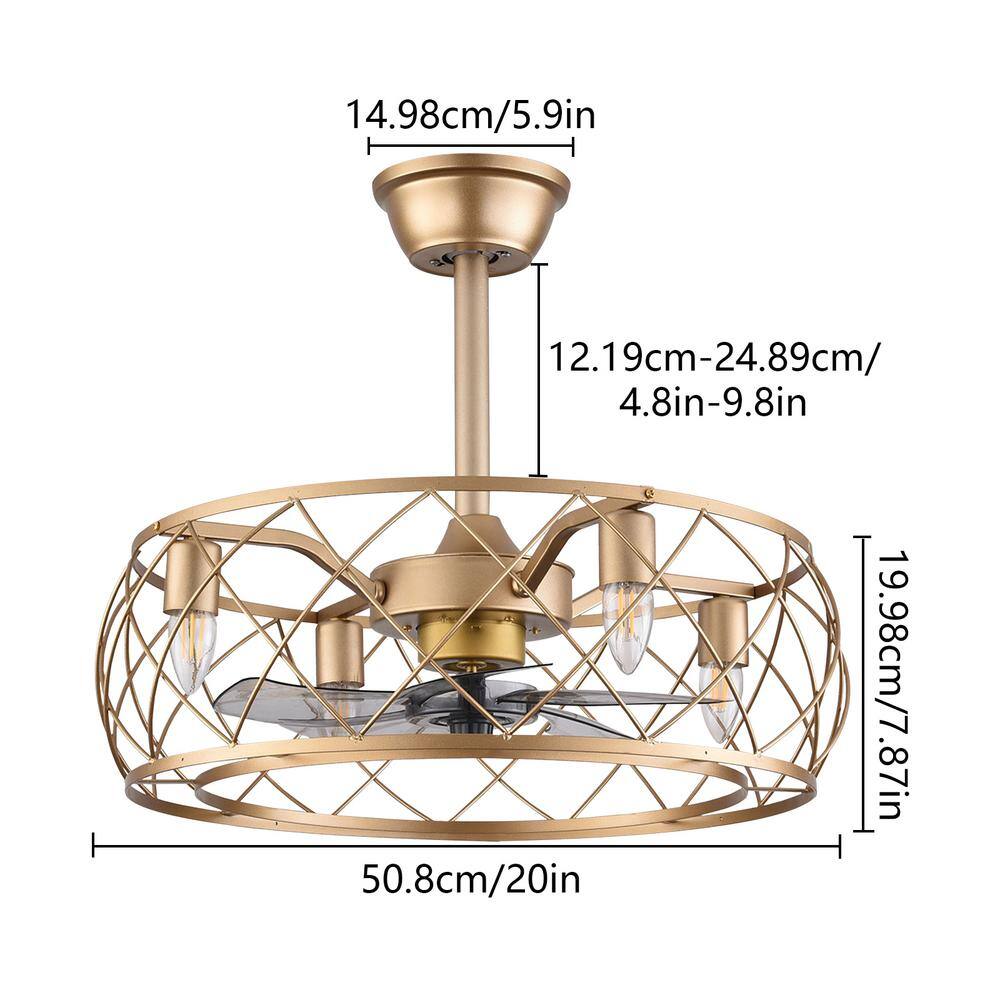 20" Gold Aluminum Caged Ceiling Fan with LED Light and Remote