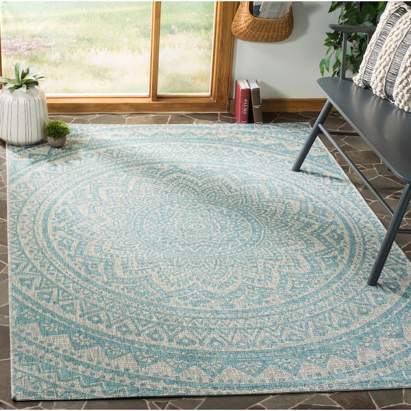 Courtyard Light Gray/Aqua 7 ft. x 7 ft. Square Border Indoor/Outdoor Patio  Area Rug