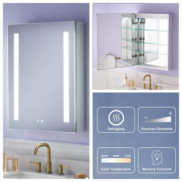 24 in. W x 30 in. H Rectangular Aluminum Recessed or Surface Mount Medicine Cabinet with Mirror and Lighted, Defog,2 USB