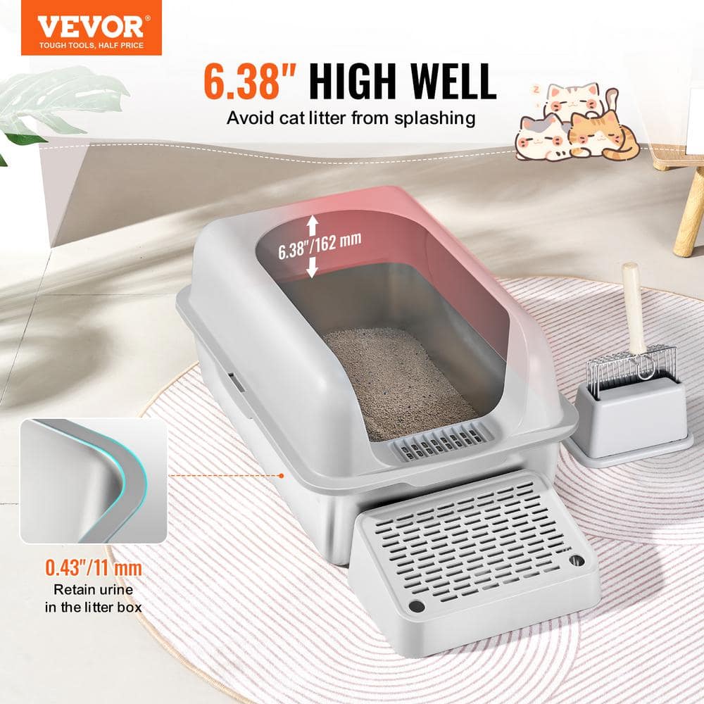 Light Gray Stainless Steel Extra Large Cat Litter Box with Scoop