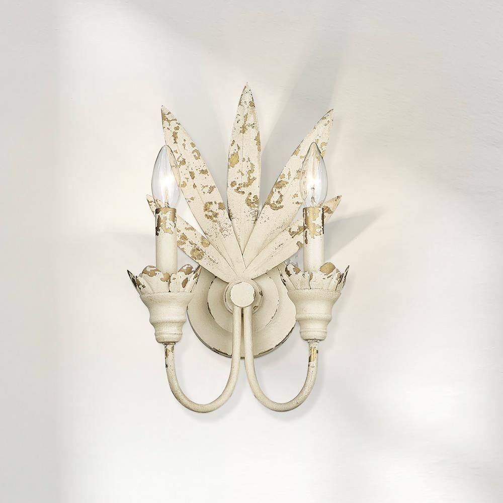 Antique White Metal Palm Frond 2-Light Wall Sconce