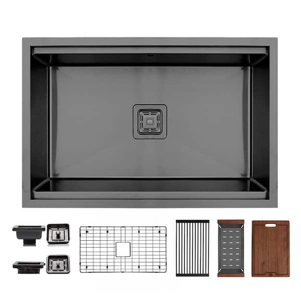 30 in. Undermount Single Bowl 16 Gauge Black Stainless Steel Workstation Kitchen Sink with Accessories
