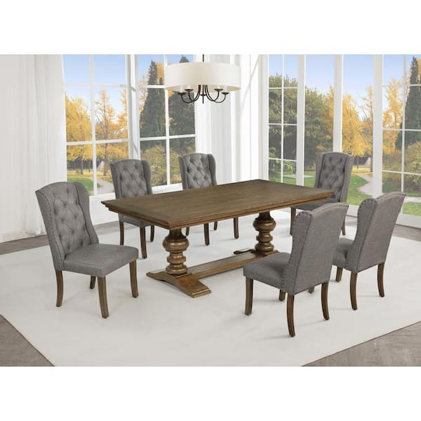 Best Quality Furniture Salama 7-Piece Rectangle Brown Oak Color Wood Top Dining Set With 6 Grey Linen Fabric Wing Chairs