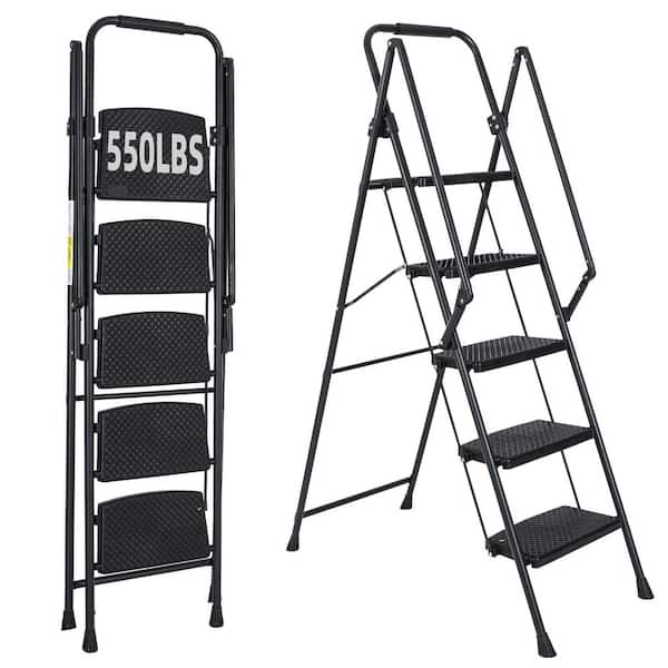 5-Step Steel Folding Step Stool Ladder with Wide Anti Slip Pedal and Safety Handle, Black