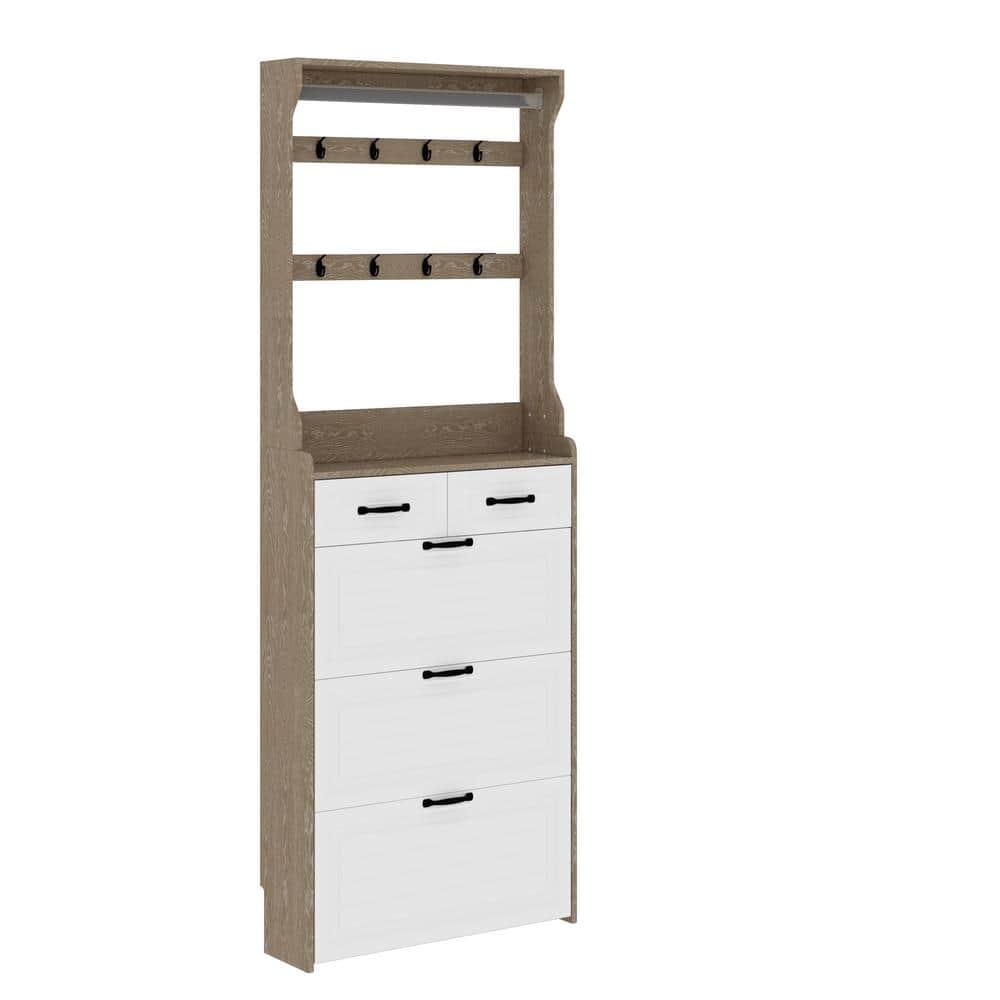 White Hall Tree with Shoe Cabinet with 3-Doors 2-Drawers with Hanger PVC Do