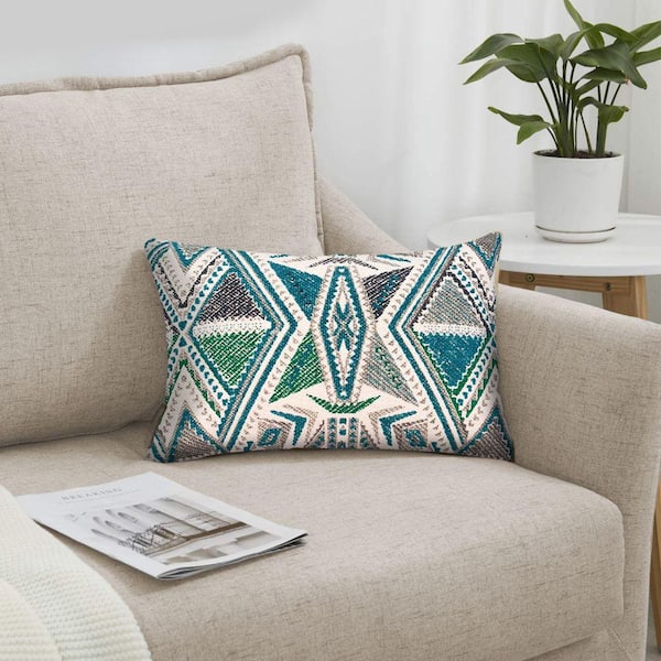 12 x 20 Modern Accent Pillow, Soft Cotton Cover with Filler, Geometric Design, Teal Blue, Beige, Gray