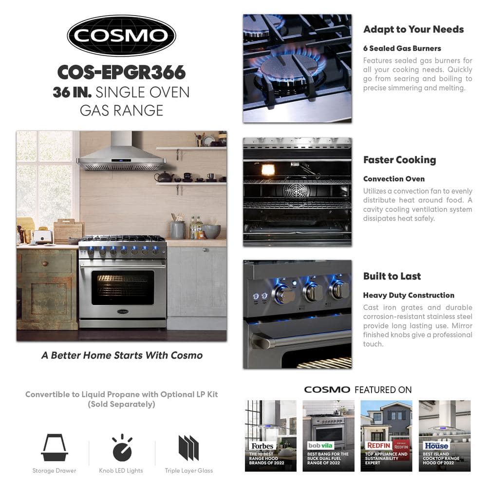 Cosmo 36" Stainless Steel Convection Gas Range with 6 Burners