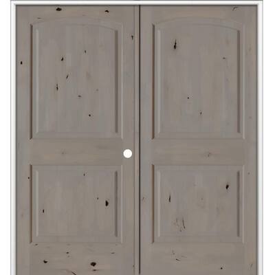 48 in. x 80 in. Rustic 2-Panel Arch Top Left Active Weathered Gray Stain Knotty Alder Wood Double Prehung Interior Door