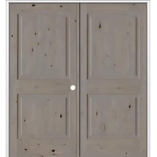 Krosswood Doors 60 in. x 80 in. Rustic 2-Panel Arch Top Left Active Weathered Gray Stain Knotty Alder Wood Double Prehung Interior Door