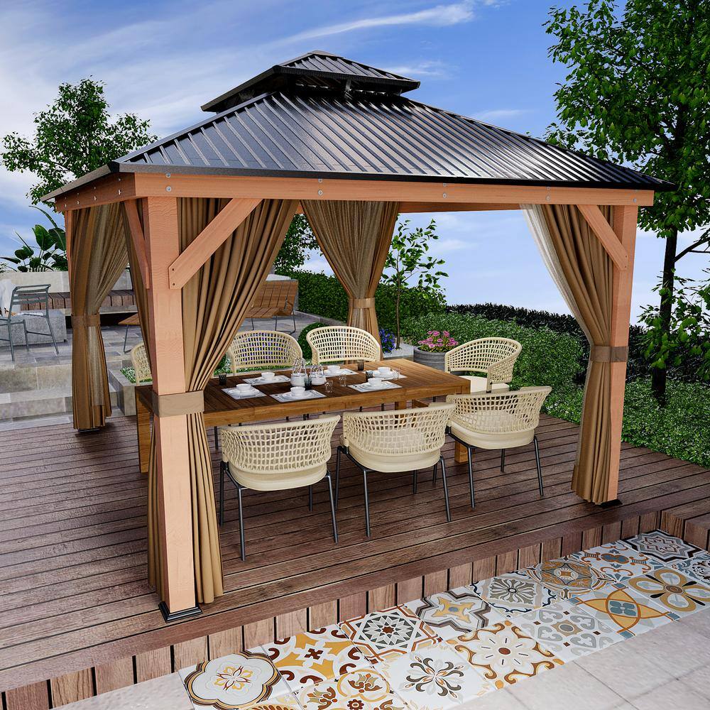 11' x 13' Black Metal Roof Wood Patio Gazebo