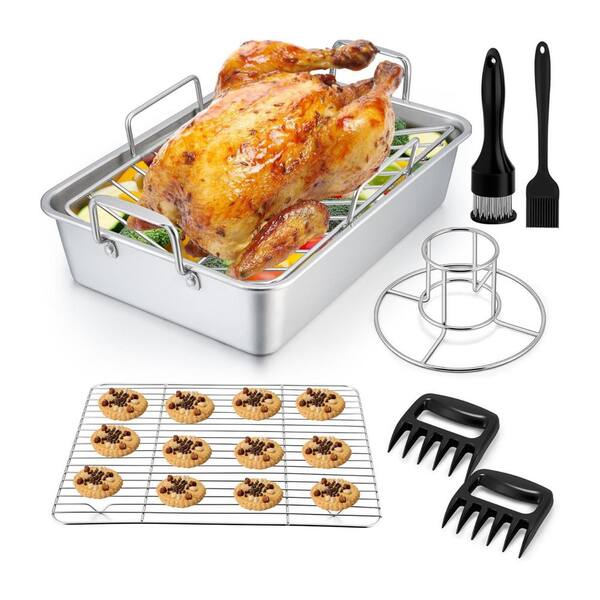 Stainless Steel Silver Finish Heavy Duty Roasting Pan Set with Flat and V-Shaped Racks and Chicken Holder 8 Pieces