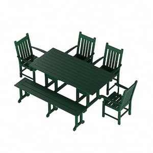 Hayes 6-Piece HDPE Plastic Outdoor Patio Rectangle Table Dining Set with Bench and Armchairs in Dark Green