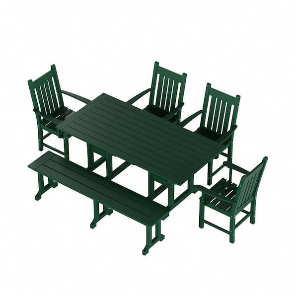 Hayes 6-Piece HDPE Plastic Outdoor Patio Rectangle Table Dining Set with Bench and Armchairs in Dark Green