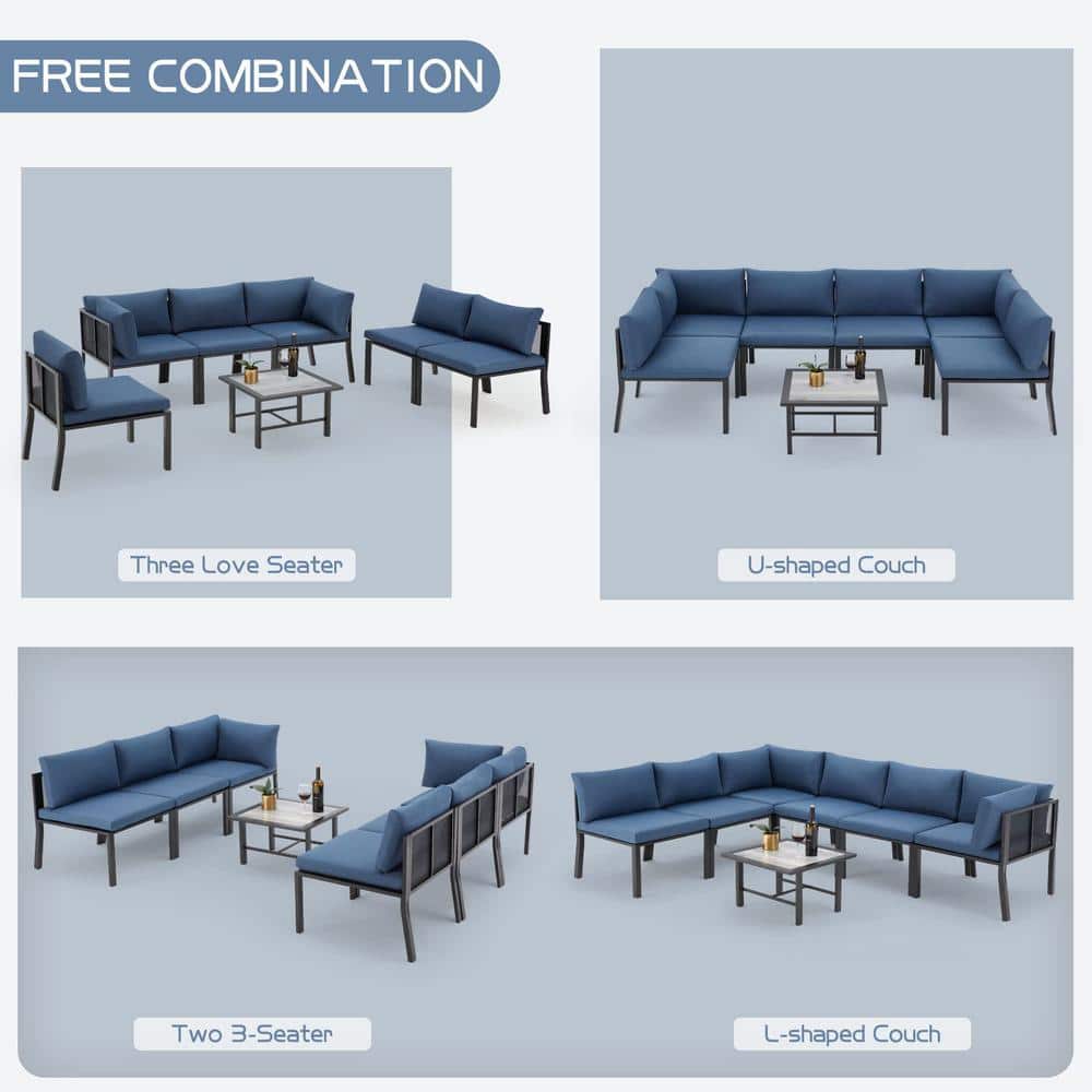 7-Piece Blue Cushioned Iron Patio Sectional Set