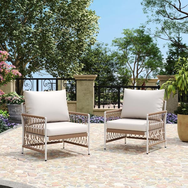 Bohemian Outdoor Lounge Chair with White Cushions-Patio, Garden, Poolside (2-Pack)