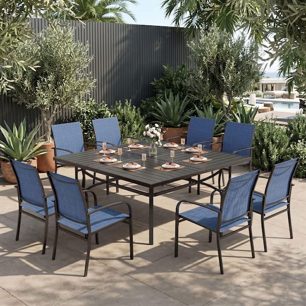 PHI VILLA Black 9-Piece Metal Patio Outdoor Dining Set with Slat