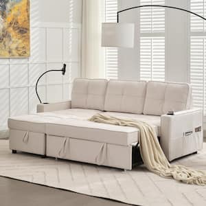 82.3 in. Beige Multi-functional Fabric Queen Size Sofa Bed with Cup Holder USB Port and Side Pockets