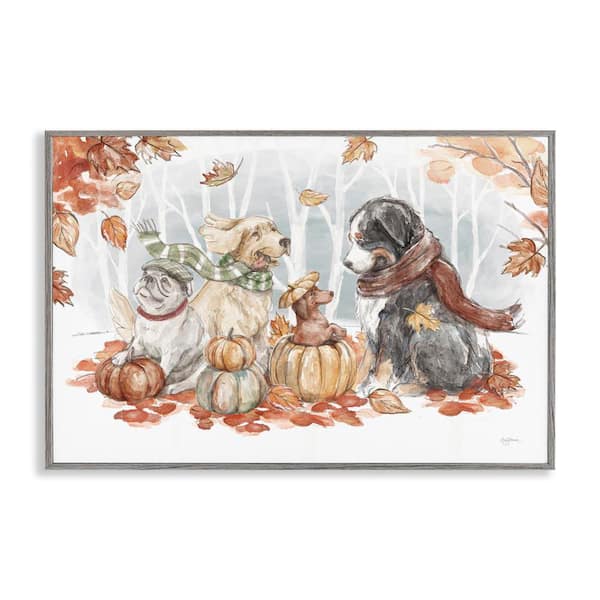 Stupell Industries Autumn Fun Dogs by Mary Urban Gray Framed Graphic Typography Art Print 20 in. x 30 in.