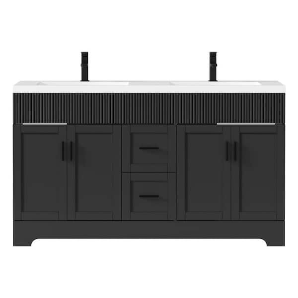 60 in. W. x 18.3 in. D x 33.7 in. H Double Sink Freestanding Bath Vanity Black with White resin Top and Drain Faucet Set