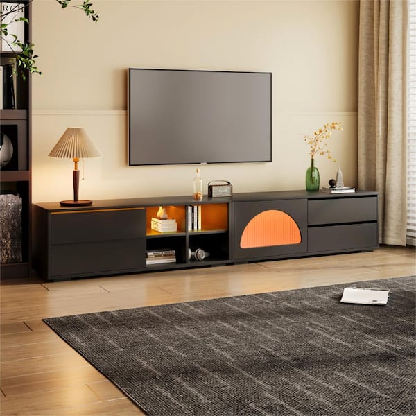 Black TV Stand Entertainment Center Fits TVs Up to 100 in. with LED Light and Glass Door