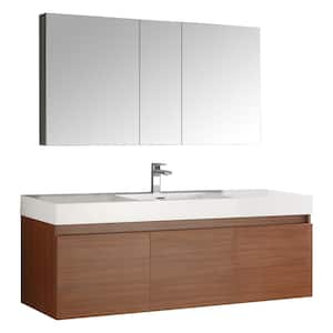 Mezzo 59 in. Vanity in Teak with Acrylic Vanity Top in White with White Basin and Mirrored Medicine Cabinet