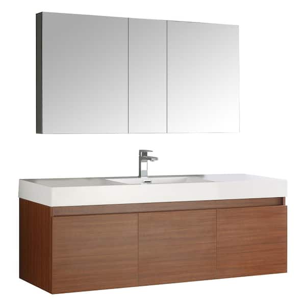 Fresca Mezzo 59 in. Vanity in Teak with Acrylic Vanity Top in White with White Basin and Mirrored Medicine Cabinet