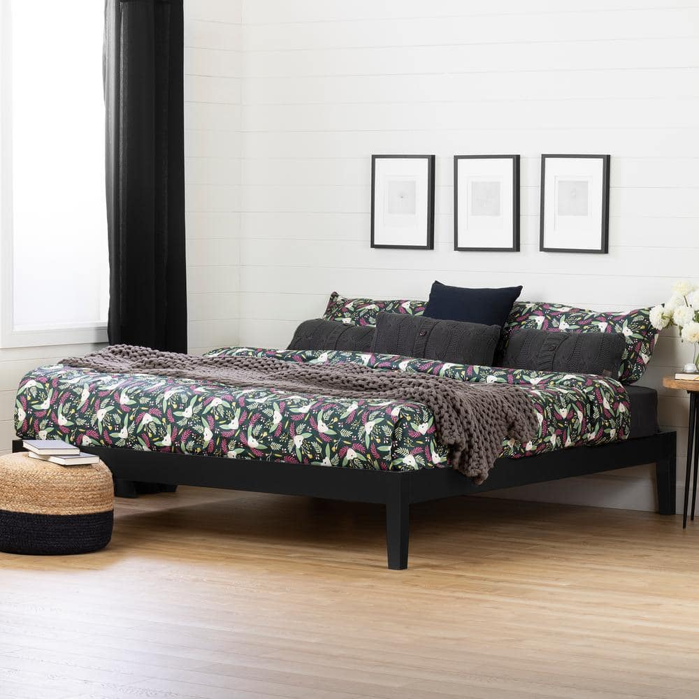 Minimalist King-Size Black Wood Frame Upholstered Platform Bed