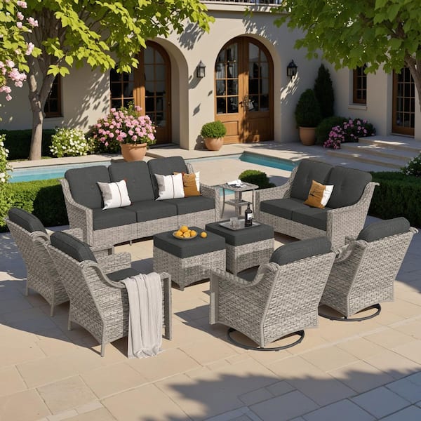 Toject Eureka Gray 9-Piece Wicker Modern Outdoor Patio Conversation Sofa Seating Set with Swivel Chairs and Black Cushions