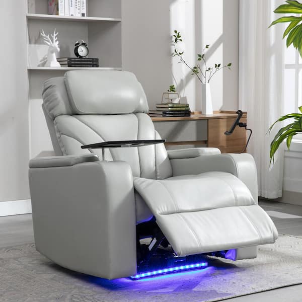 Light Gray PU Home Theater Power Recliner with Storage USB Charging Port Stereo Tray Table and Phone Holder