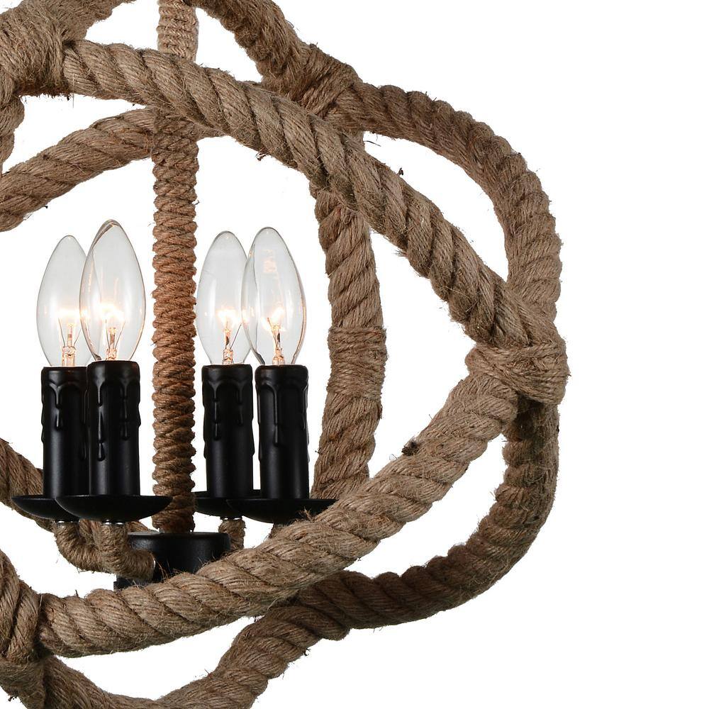 Rustic Black Steel Cage Pendant Light with Rope Embellishment