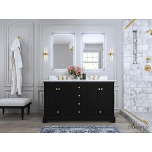 Audrey 60 in. W x 22 in. D Bath Vanity in Black Onyx with Marble Vanity Top in White with White Basin and Gold Hardware