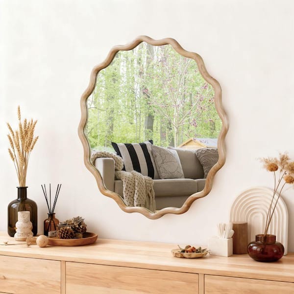 30 in. W x 30 in. H Wavy Round Solid Wood Framed Bathroom Mirror Wall Mirror in Natural Wood Brown