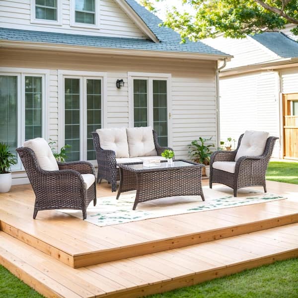 Carolina 4-Piece Wicker Patio Conversation Set with Beige Cushions