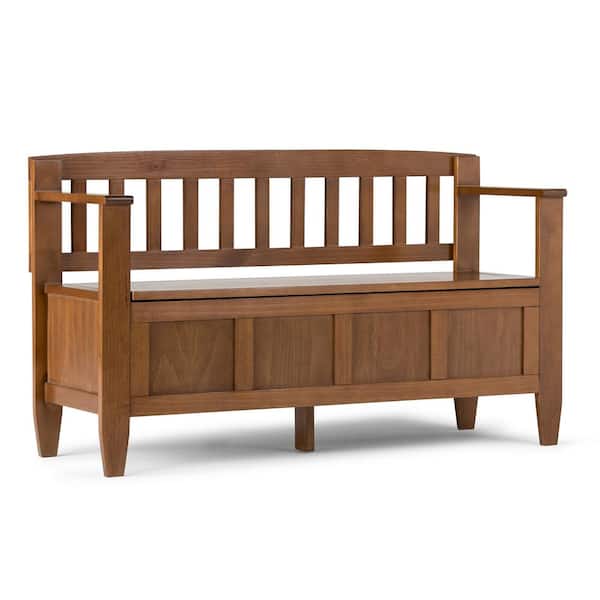 Simpli Home Brooklyn Solid Wood 48 in. Wide Contemporary Entryway Storage Bench in Medium Saddle Brown