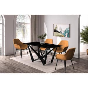 Nuvor Dining Table with a 55 in. Sintered Stone Rectangular Top and Black Steel Pedestal Base in Black/Gold Seats 4