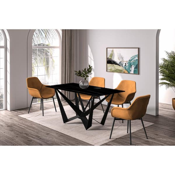 Leisuremod Nuvor Modern Round Black/Gold Sintered Stone 71 in. Tabletop 4-Legs Base Dining Table Dining Table Seats-8