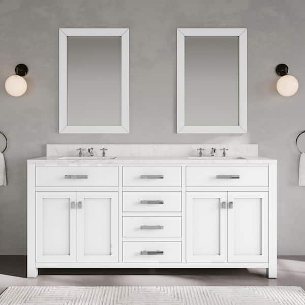 Madison 72in.Wx21.5in.Dx34in.H Double Sink Bath Vanity in Pure White with Carrara White Marble Top, Faucets and Mirrors