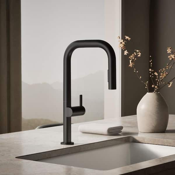 Components 1 Handle Pull Down Sprayer Kitchen Faucet with Secure Docking in Matte Black