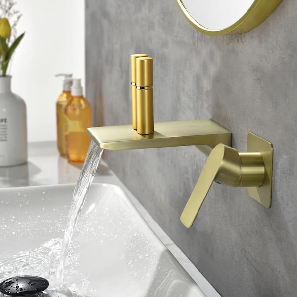 Miko Single-Handle High Pressure Wall Mounted Waterfall Bathroom Faucet in Brushed Gold