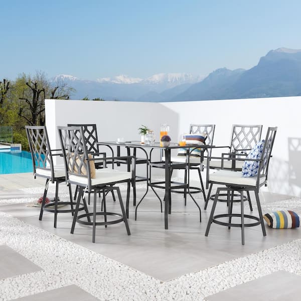 TOP HOME SPACE Black 8-Piece Metal Outdoor Bistro Set with White Cushion