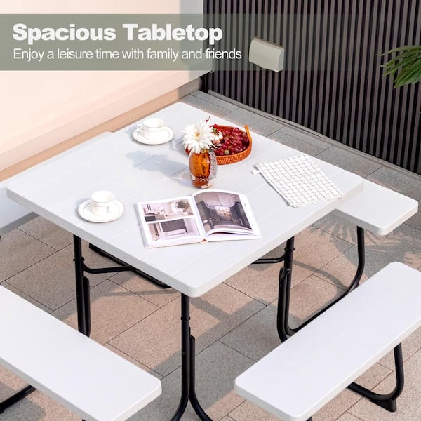 ANGELES HOME 67 in. White Square Metal Outdoor Picnic Table with 4