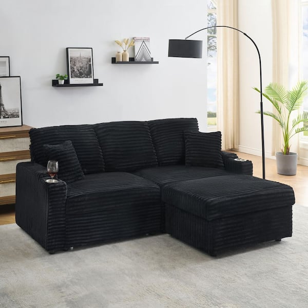 Ophelia 80 in. Square Arm Corduroy Upholstered 2-in-1 Folding Sectional Sofa in Black with Cup Holder, Pillow, Ottomans