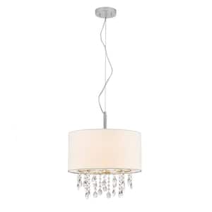 Florence 16.5 in. 3-Light Chrome Crystal Pendant Lamp with White Shade