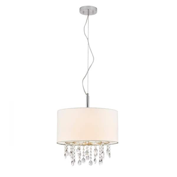 HomeGlam Florence 16.5 in. 3-Light Chrome Crystal Pendant Lamp with White Shade