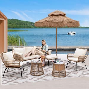 6 Piece Boho Outdoor Furniture Beige Wicker Small Size Patio Conversation Sofa Set with Round Ice Bucket and Table