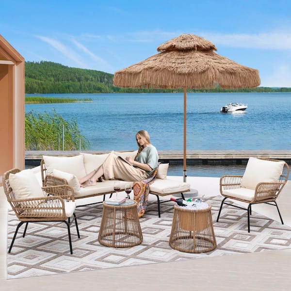 Nicesoul 6 Piece Boho Outdoor Furniture Beige Wicker Small Size Patio Conversation Sofa Set With Round Ice Bucket And Table