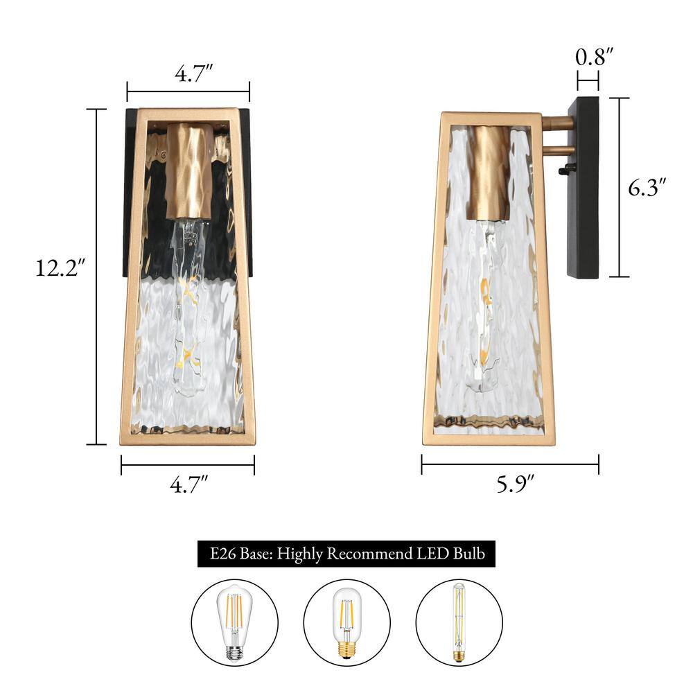 Medium Black and Gold Outdoor Metal Lantern Sconce with Clear Glass