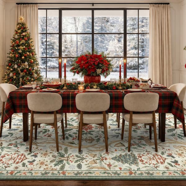Vintage Christmas Woodland Floral Pattern Non Slip Beige 8 ft. x 10 ft. Living Room/Bedroom Indoor Area Rug