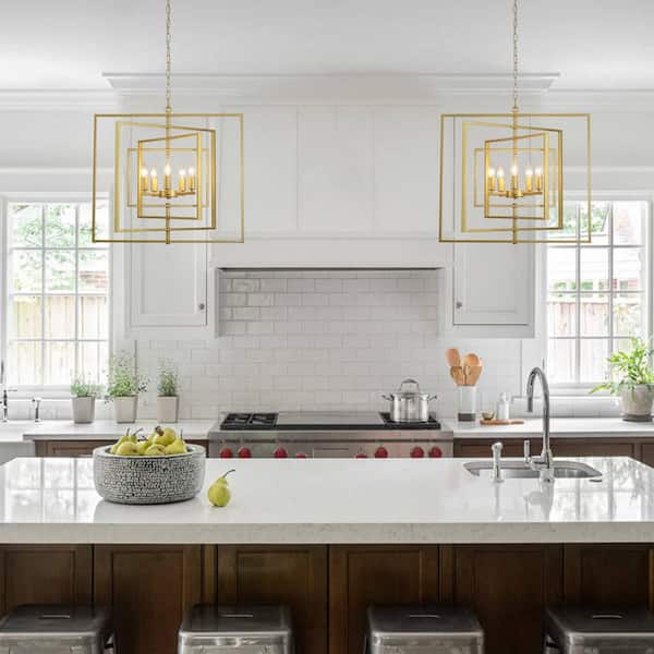 5-Light Gold Candlestick Rustic Hanging Linear Chandelier Lighting for Kitchen Island